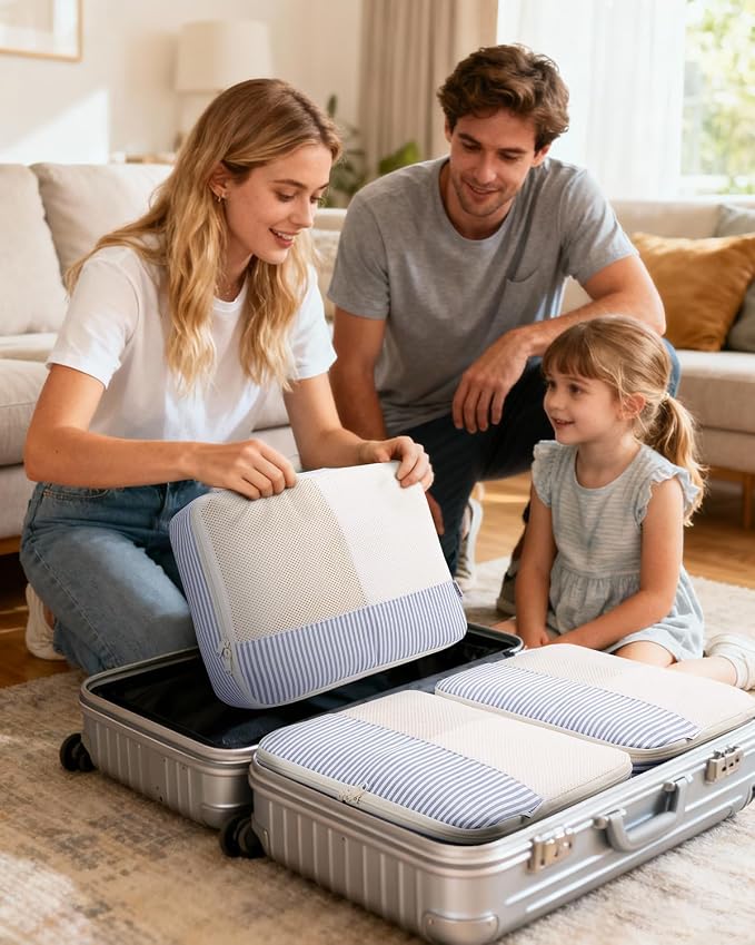 Narwey 7 Set Striped Packing Cubes for Travel Carry on Suitcase, Durable Packing Organizers Bag for Kids Women Men, Duffle Bags Backpack Travel Essentials Accessories (Greyish Blue Stripe) - Image 7