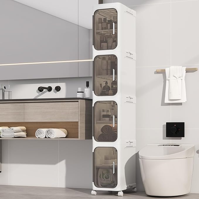 4 Tier Slim Bathroom Storage Cabinet, Foldable and Movable, White | Tools Free, ABS and PET, Magnetic Clear Door, Adjustable Shelves, Lockable Wheels, Water Resistant, For Narrow Space by Neathub