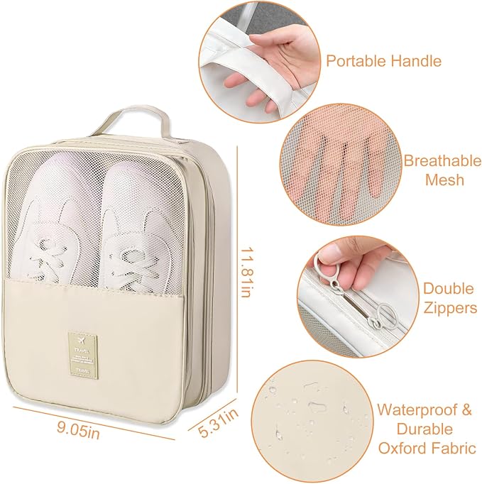 Shoe Bags for Travel Holds 3 Pair of Shoes, Shoe Storage Pouch with 2 Pack Portable Bags, Waterproof & Washable, Cream - Image 2