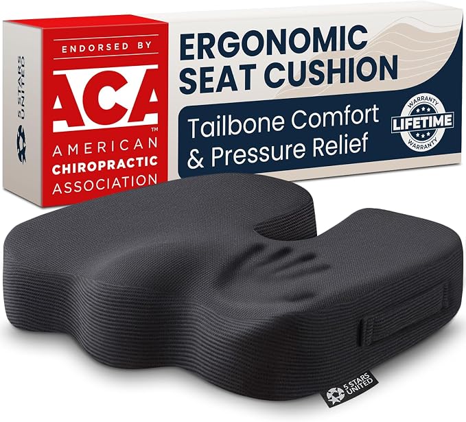 5 STARS UNITED Seat Cushion - Memory Foam Chair Cushion for Tailbone Pain Relief - Ergonomic Support for Coccyx, Sciatica & Butt - Office, Desk & Gaming Chair, Car Seat, Wheelchair, Airplane, Black by 5STARSUNITED