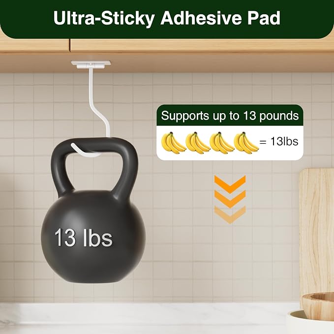 bussdis Adhesive Banana Hook Under Cabinet, White, 2 Pack | Foldable Banana Hanger, Metal Banana Holder, Hold 20 Bananas, Space-Saving Design, Folding with Magnets When Not in Use - Image 5