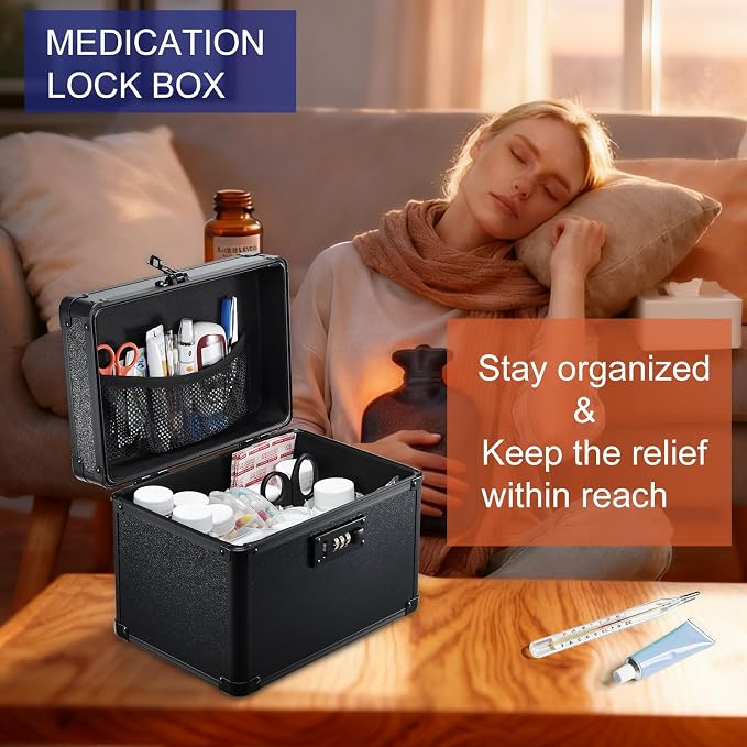 Lockable Security Storage Box - Shiny Black Safe Combination Lock Box, Cabinet Med Organizer, 10 x 7 x 7.9 Inches Safe Case for Documents, Valuables, Medicine & Money - Image 3