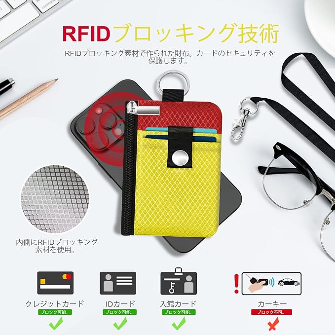 Minimalist RFID Blocking Small Wallet with ID Window,WaterResistant Zip Id Case Wallet with Lanyard Keychain for Cards,Cash,Travel,Women,Men (Lemon Yellow/Red) - Image 4