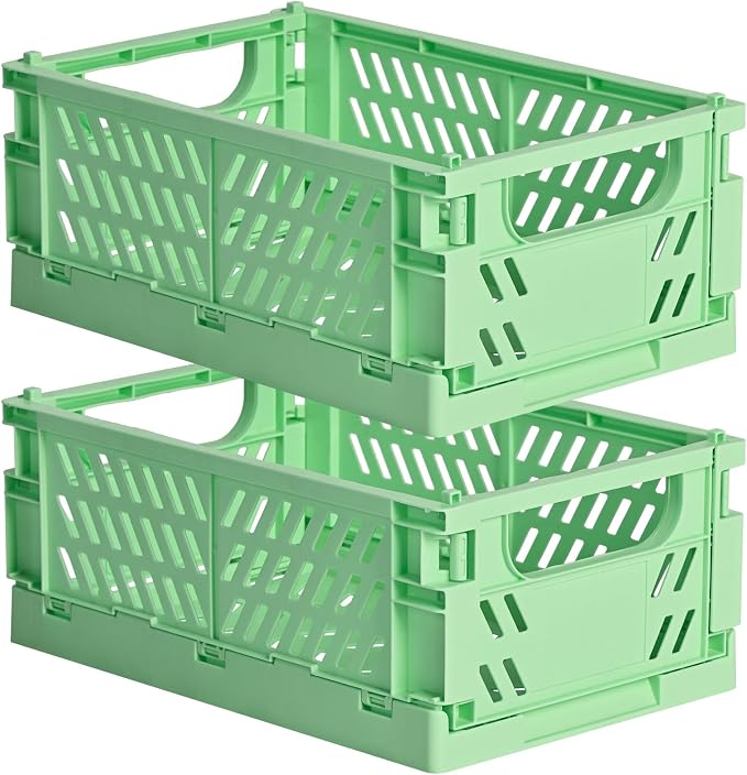 HUUSMOT 2-Pack Collapsible Plastic Storage Baskets, Green, 9.8"x6.5"x3.8" | Pastel, Space-Saving, Collapsible Plastic Bins, Cute Mini Storage Crates, for Classroom, Kitchen, Office, Bedroom by HUUSMOT