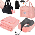 Travel Pillow and Blanket Set - Foot Hammock Rest Airplane Essentials, Pink | Memory Foam Neck Pillow Plane Foot Rest Airplane Accessories Essentials, Foldable Duffel Bag Eye Mask Earplugs for Comfort by Nerien