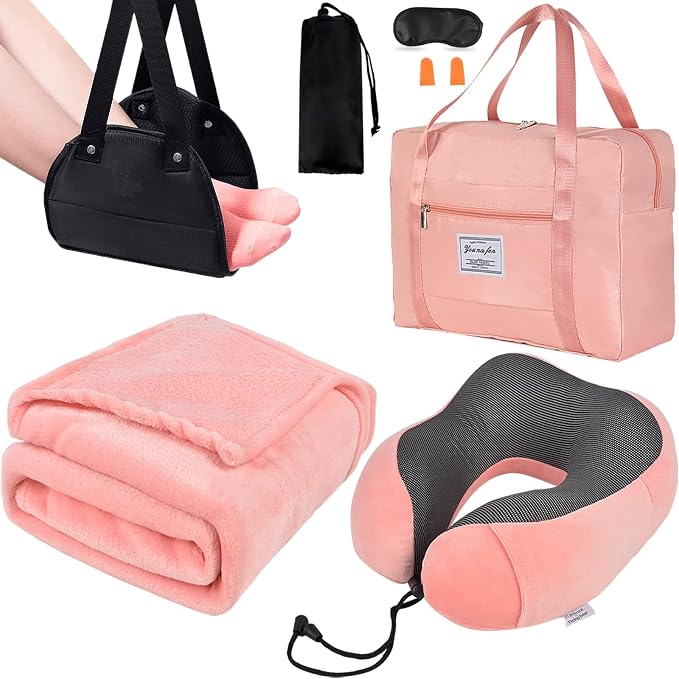 Travel Pillow and Blanket Set - Foot Hammock Rest Airplane Essentials, Pink | Memory Foam Neck Pillow Plane Foot Rest Airplane Accessories Essentials, Foldable Duffel Bag Eye Mask Earplugs for Comfort by Nerien