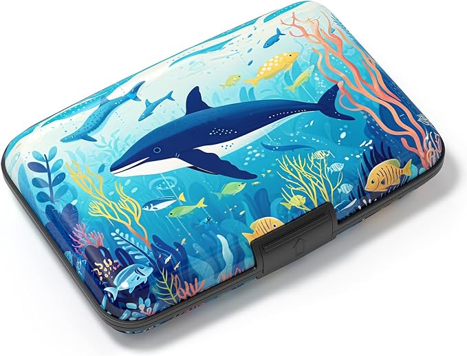 Credit Card Holder, Mini Aluminum Card Wallet RFID Blocking Slim Metal Hard Card Case for Women Men, Whales by Atufsuat