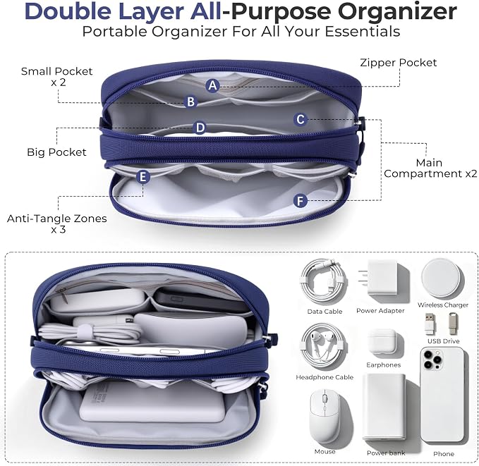 Skycase Travel Cable Organizer - Lightweight Water Resistant Dual-Layer Tech Pouch with Wrist Strap 9 Compartments Electronic Organizer Travel Case for Charger Cord Hard Drive,Small,Blue - Image 2