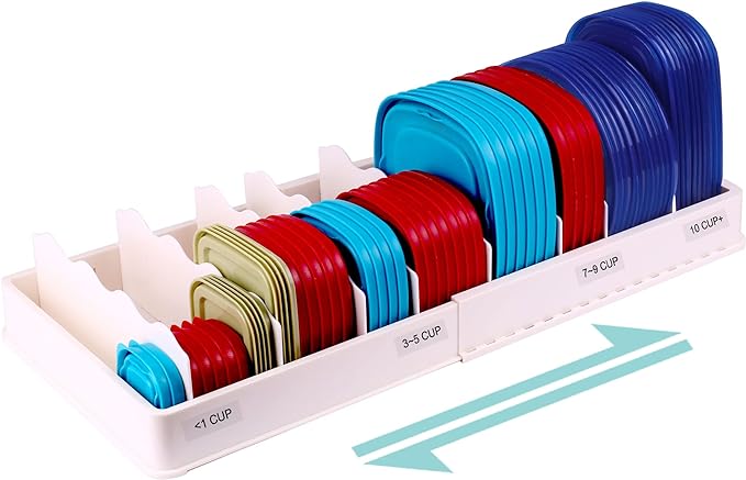 SWOMMOLY Expandable Food Container Lid Organizer for Kitchen Cabinet, White | Expands 13.8" to 25.2", Lid Holder with 8 Adjustable Dividers, 30 Writable Labels for Cabinets, Drawers and Pantry Storage by SWOMMOLY