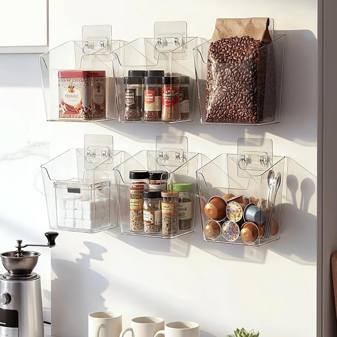 6 Pcs Clear Adhesive Wall Storage Bins, Small Cabinet Door Organizer Holders, Hanging Wall Mount Pockets, Plastic Cups for Shower Bathroom Makeup Office Craft Remote Kitchen Sink RV Organization - Image 5