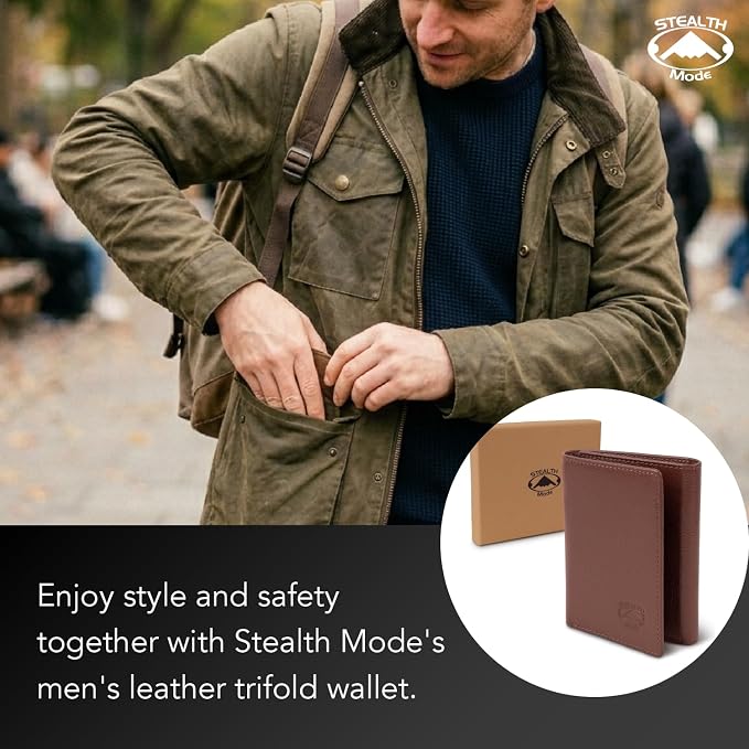 Stealth Mode Trifold Leather Wallet for Men with RFID Blocking | Brown Pebble Top Grain Napa Leather, 9 Card Slots, ID Window, Gift Box – Gift for Dad, Husband, or Son - Image 6