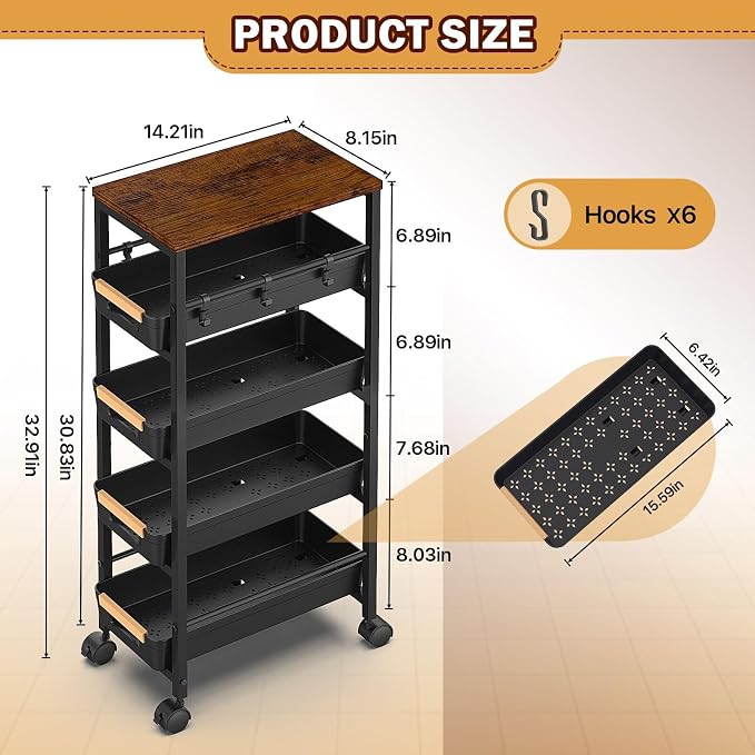 SUNALLY Slim Storage Cart with Wheels, Narrow Kitchen Rolling Cart, Black | 5-Tier Skinny Rolling Cart with Wooden Top & Lockable Wheels, Storage Organizer for Bathroom, Laundry Room, Narrow Space - Image 3
