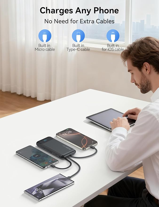 Nusyddy Portable Charger 10000mAh 22.5W w/4 Built-in Cables/6 Outputs Black | 22.5W Fast Charging, LED Display, Pass Through Charging, Charge 6 Devices at once, TSA Approved, Fits iPhone, iPad, Samsung - Image 7