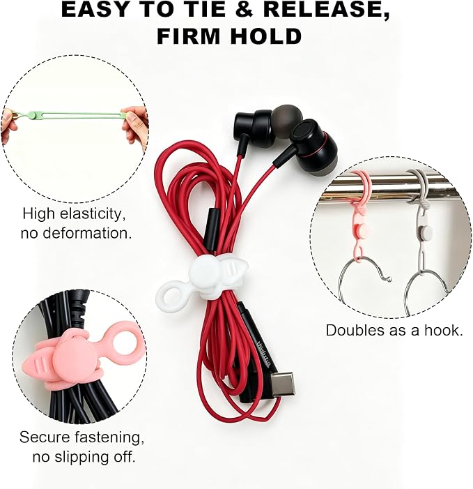 30Pcs Silicone Cable Ties Reusable Wire Organizer Straps | Fastening Earphones,Chargers, Home Office,Desk,Kitchen Appliance Cables & Wires Cable Ties Cord Organizers(5 Colors) - Image 3
