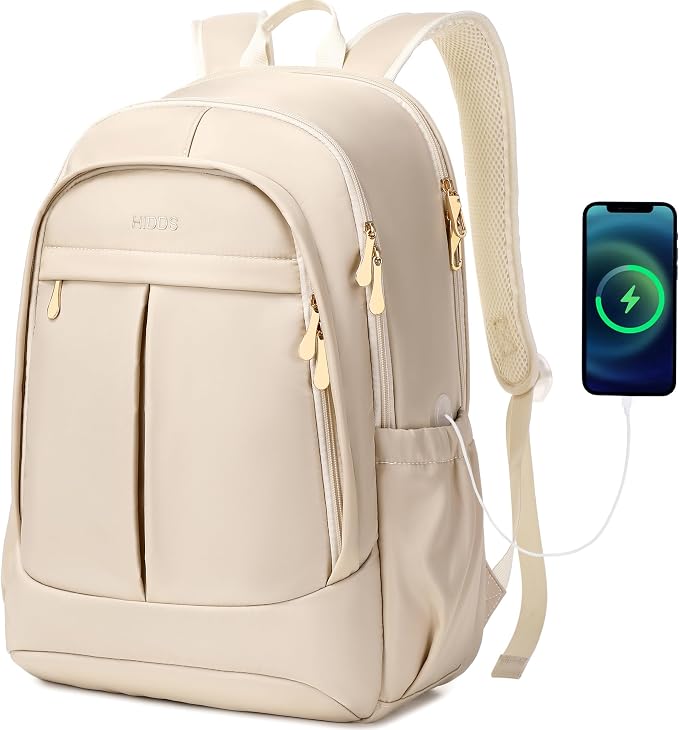 Hidds Travel Laptop Backpack for Women 15.6 Inch Computer Backpacks with USB Charging Hole Anti Theft Carry on Bag College Bookbag Large Back Pack for Work Business Travel Commuter Daypack-Champagne by Hidds