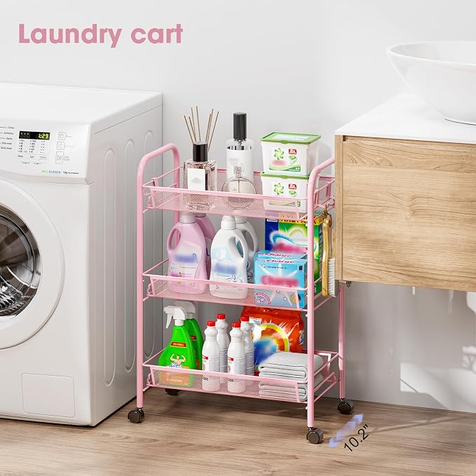 TOOLF 3 Tier Rolling Cart, Metal Utility Storage Cart with Wheels, Pink | 3 Hooks, Screwless Assembly, Trolley Organizer for Bathroom, Kitchen, Office, Nursery, Dorm, Laundry Room - Image 8