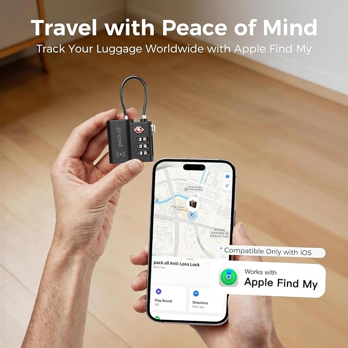 pack all Anti-Lost Tracking Luggage Lock, Smart TSA-Approved Cable Lock | Compatible Only with iOS, USB-C Rechargeable, Resettable 3-Digit Code, Clear Number Dials, Flexible Cable, 1 Pack - Image 3
