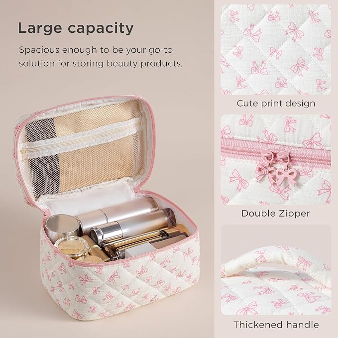 HBselect Quilted Makeup Bag, 3Pcs Cotton Large Travel Makeup Bags Organizer | Cute Floral Make up Bag Cosmetic Bag Toiletry Bag for Women Girls, Makeup Pouch for Skincare, Brushes & Travel Essentials - Image 3