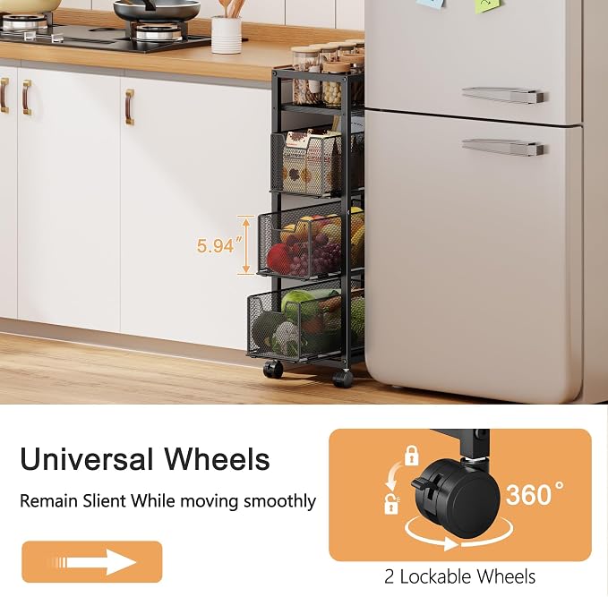 4 Tier Narrow Kitchen Rolling Cart, 9.1" Wide Slim Kitchen Storage Cart with Pull-Out Baskets, Adjust Pantry Organizer and Storage Cart with Wheels, Multifunctional Fruit Vegetable Spice Storage Cart - Image 2