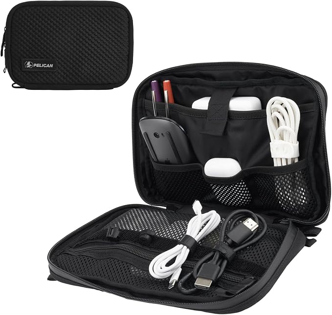 Pelican Electronic Organizer Travel Case w/Hidden AirTag Compartment -Black | Durable Tech Organizer Pouch -Portable Storage Bag w/Multiple Storage Mesh Pockets for Cables, Chargers, Power Bank & AirPods by Unknown