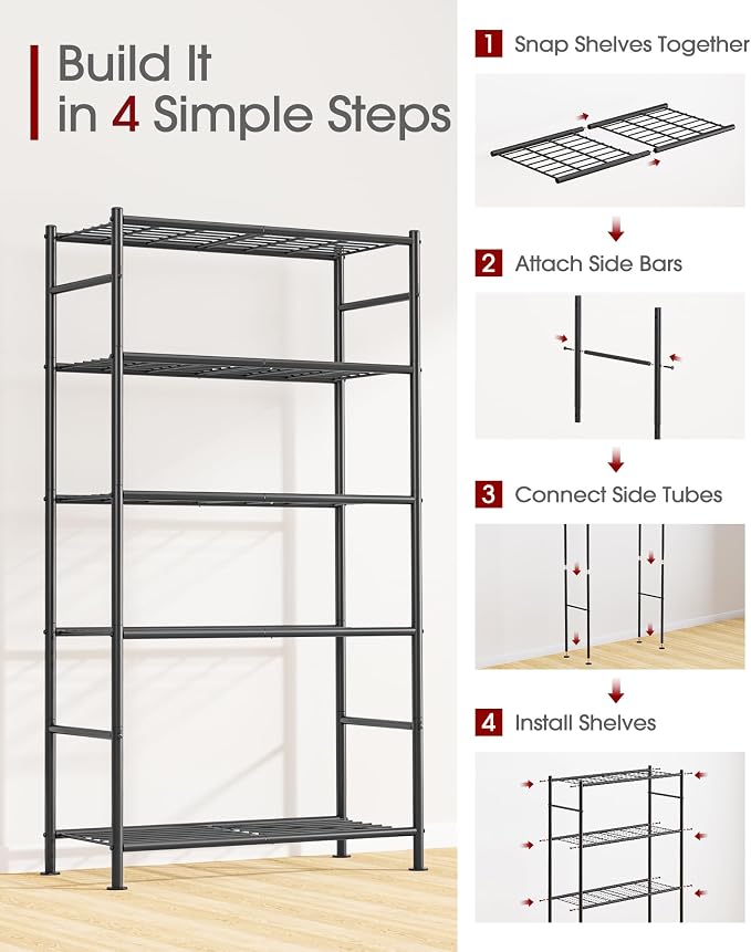 Sakugi Storage Shelves - 5 Tier Shelf Organizer, Heavy Duty Garage Shelving Unit with Leveling Feet, Stable Metal Shelves Organizer for Pantry, Kitchen and Closet, 33.0" W x 12.6" D x 72.0" H, Black - Image 7