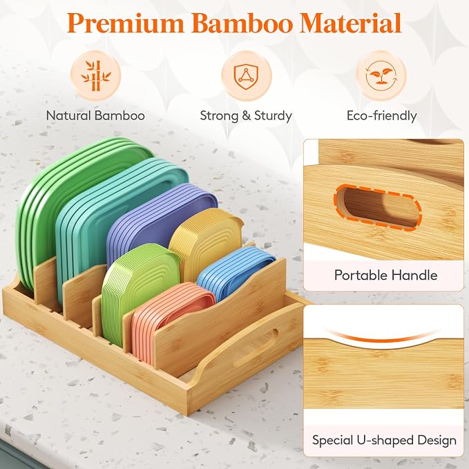 Lifewit Bamboo Lid Organizers for Inside Cabinet with 6 Sections | Food Container Lid Holder with 5 adjustable Inserts, Kitchen Pantry organizer and storage, Large, 13.2" x 10", Natural - Image 7
