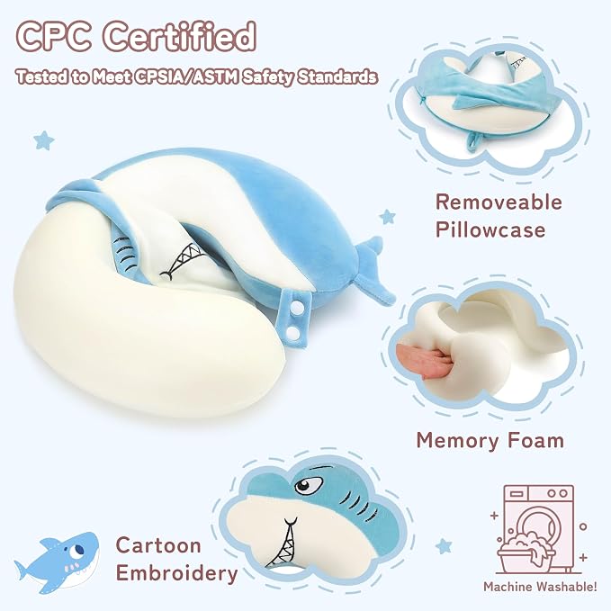 Kids Travel Neck Pillow for Ages 3-8, Memory Foam, Removable Cover, Shark | Machine washable, 13 in neck size, hidden zipper, 360-degree head and chin support, car seat and airplane use - Image 3