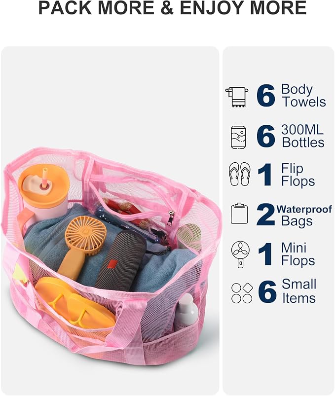 Genteen 40L Mesh Beach Bag, Foldable Sandproof Tote with Waterproof Pocket Quick Dry for Women Family Pool Vacation - Image 5