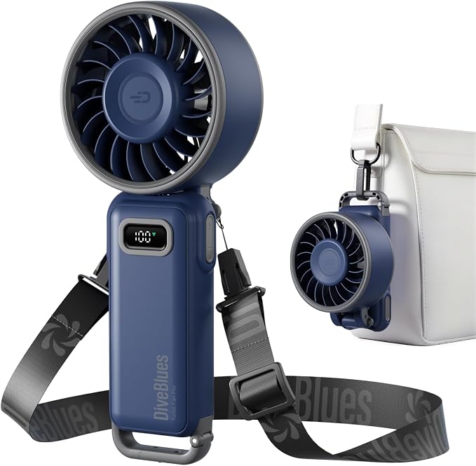 Diveblues Fanzy D6036 Portable Handheld Fan, Harbor Blue | 7.4m/s High Speed Turbo, 180° Foldable 4-in-1, Integrated Carabiner Clip, 100 Speed Stepless Control by Diveblues
