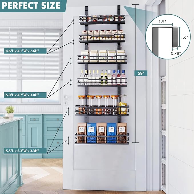 Eastherry Over The Door Pantry Organizer，6-Tier Over The Door Organizer with Adjustable Basket，Metal Hanging Pantry Organizers and Storage for Kitchen, Back of Door Seasoning Rack (Black) - Image 2