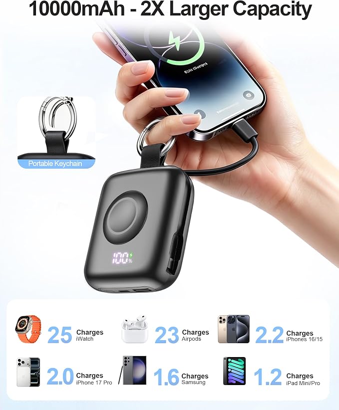 Portable Charger 3 in 1, Smaller 10000mAh Built-in Cables 22.5W Power Bank | Travel Essentials, Fast Charging, Keychain Battery Pack for iPhone17/16/15/14/13, Android, iWatch Ultra/11/10/9/8, Black - Image 4