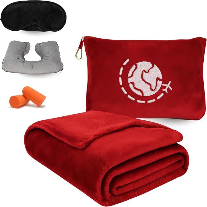 Travel Blanket and Pillow Compact – 4-in-1 Soft Fleece Airplane Blanket with Bag Pillowcase, Neck Pillow, Eye Mask & Earplugs, Lightweight Portable Flight Blanket 60"x43" (Red) by country305