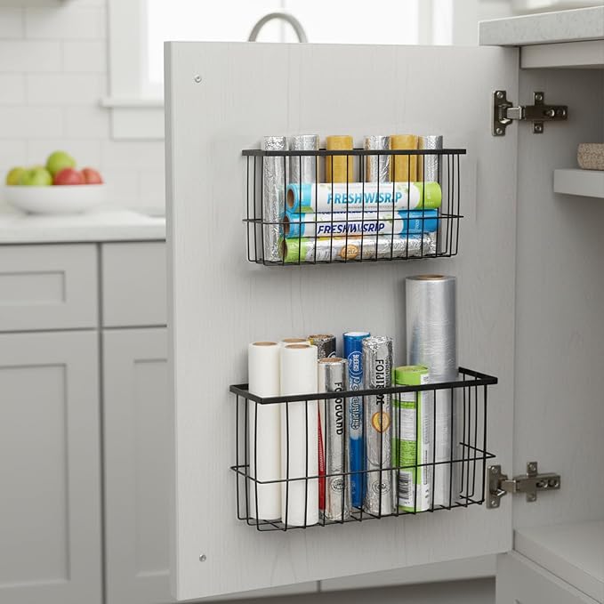 2 Pack Aluminum Foil and Plastic Wrap Organizer,Wall Mounted Cabinet Door Organizer,Kitchen Pantry Organizers and Storage,Wrapping Paper Shelf for Sandwich, Freezer, Ziplock Bag - Image 4