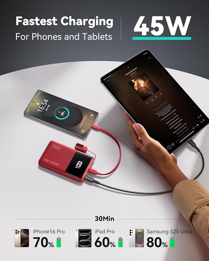 INIU Power Bank, Compact 10000mAh 45W PD Fast Charging Portable Charger | Detachable USB-C Cable, Stand, Flight-Safe, Travel, Flashlight, Battery Pack for iPhone 17 16, Samsung S26, iPad etc, Red - Image 3