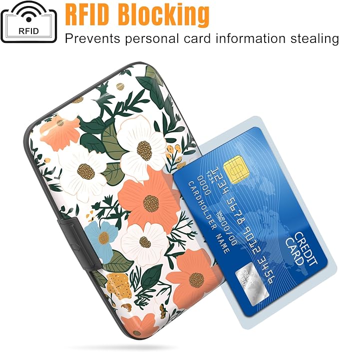 Rimilak Aluminuml Credit Card Holder,Orange Flower | Mini Credit Card Wallet RFID Blocking Slim Metal Hard Case for Women Men - Image 2