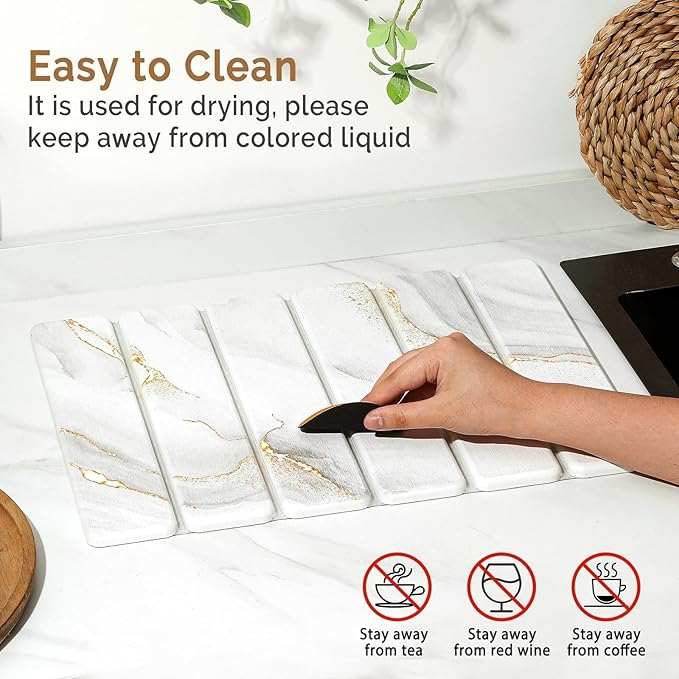 Small Stone Dish Drying Mat for Kitchen Counter, 15.7"×12" & 8"x4" Quick Dry Stone Mats, Foldable Water Absorbing Diatomaceous Earth Drying Dish Pad for Countertop Bottles Utensils Cup(Gold White) - Image 5