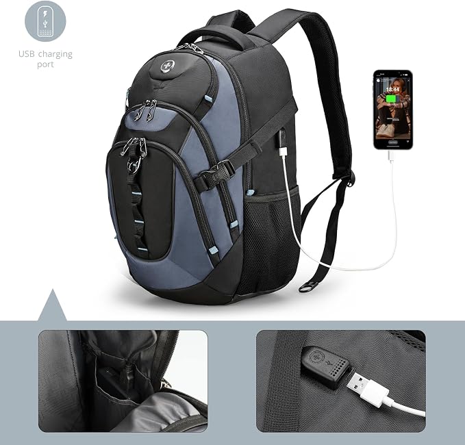 Swissdigital Design Laptop Backpack with USB Charging Port, Travel Backpack Fits 15.6-Inch Computer, 31l College School Backpack for Men, Haze Blue/Black | SD803-16 - Image 7
