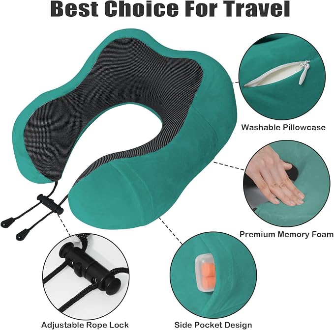 Travel Pillow, Memory Foam Neck Pillow for Traveling, U Shape Neck Pillow Airplane Portable Flight Pillow Travel Kit with 5D Contoured Eye Masks and Earplug for Plane Train Car Home Office - Image 3