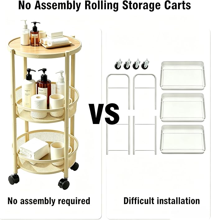 3-Tier Foldable Rolling Cart, Collapsible Metal Utility Cart with Wheels, Assembly-Free, Round Storage Organizer Trolley for Kitchen, Bathroom, Dorm, Nursery-Light Yellow - Image 5