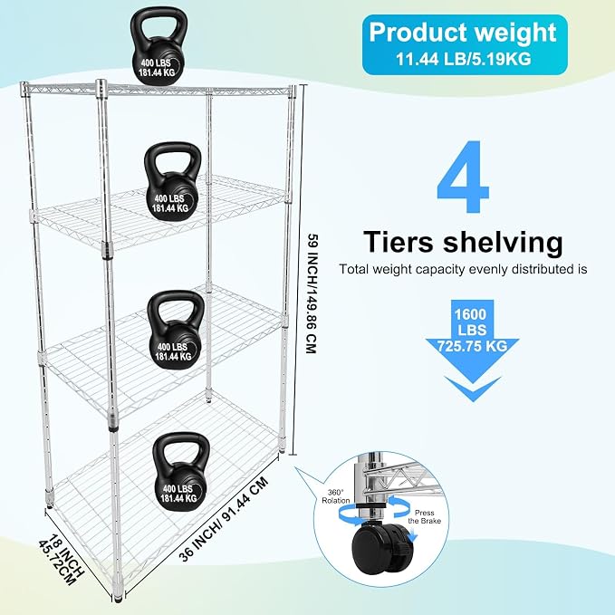 Whitmor 4 Tier Storage Shelves, Heavy Duty with Wheels, 400 lbs Capacity per Shelf, Max 1600 lbs Total, Adjustable Shelving Unit for Garage, Kitchen, Bathroom, 36" L x 18" W x 59" H, Chrome - Image 3