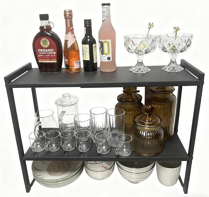 2 Tier Expandable Cabinet Shelf Organizer 14.5-25" L Kitchen Counter Shelf Rack Stand Sink Riser Countertop Storage Black (Normal 7.9”D) by Urhomeyplus