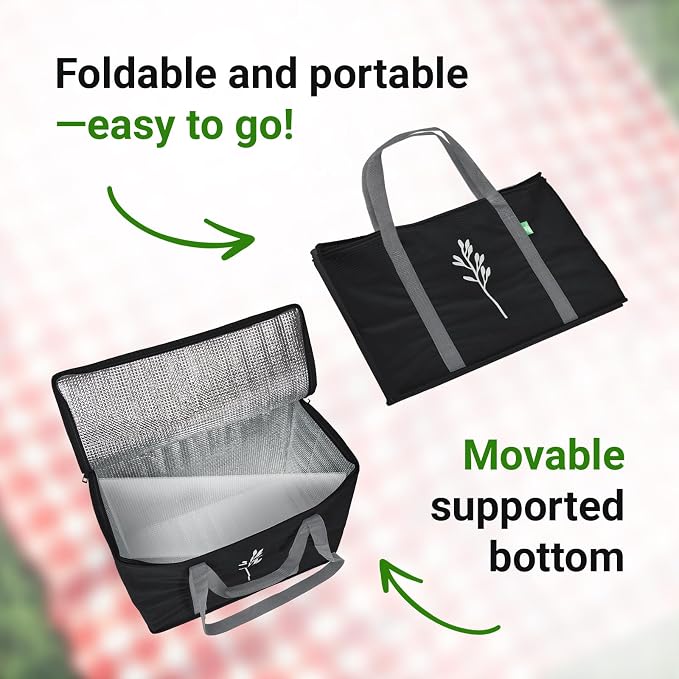 Green Bulldog 2Pack Insulated Grocery Bags – Foldable Reusable Cooler Bags with Handles for Everyday Use, Groceries, Food Delivery, and Shopping – 16”x9”x13”, Black - Image 5
