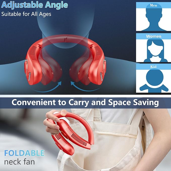 Neck Fans for Women Rechargeable-Foldaway Personal Fan with Water Mist,Wearable Hanging Fan Around Neck,Small USB Rechargeable Neck Cooler for Mother's Day Father's Day Adults Kids Birthday Gifts Red - Image 4