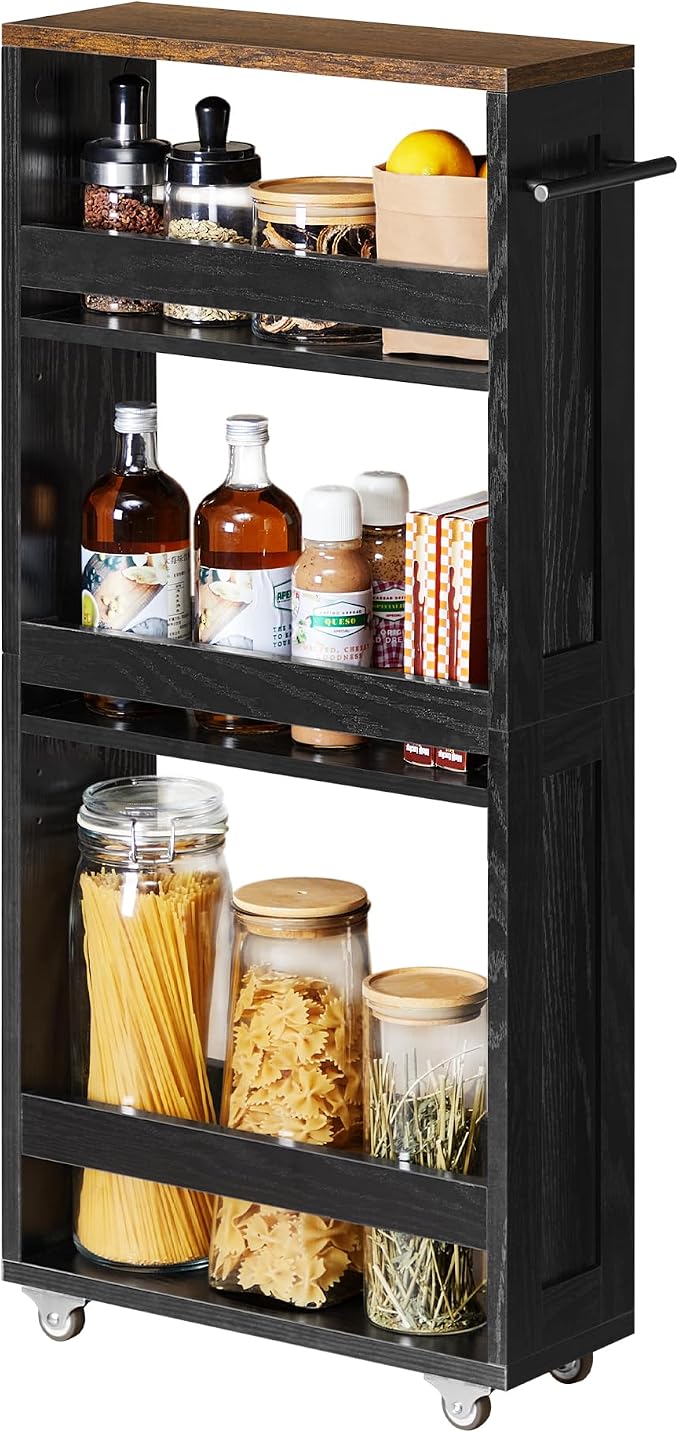 VASAGLE 4-Tier Slide-Out Storage Cart, Slim Kitchen Cart for Small Spaces, with Wheels, Handle, Bathroom, Laundry Room, 5.9 x 17 x 34.1 Inches, Ebony Black and Rustic Brown ULRC050K02 by Unknown
