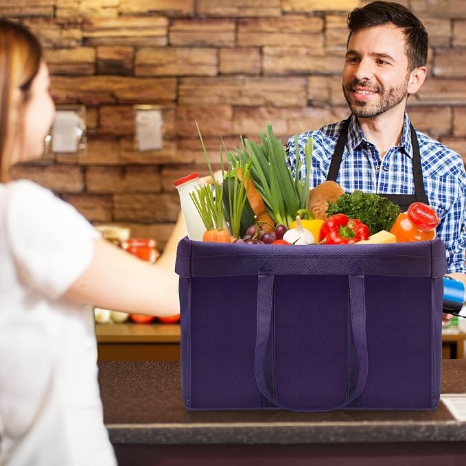 Reusable Grocery Shopping Bags 10 Pack Large Foldable Tote Bags Bulk | Eco Produce Bags with Long Handle for Shopping Groceries Clothes (Purple) - Image 3