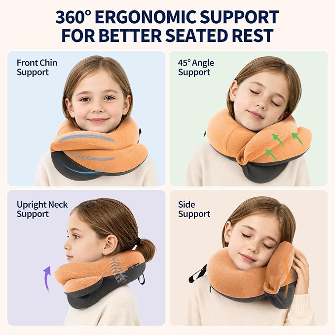 Kids Travel Pillows for Airplane, Memory Foam 360° Head Support Sleeping Essentials for Long Flight, Skin-Friendly Soft Neck Pillow for Traveling in Car Seat, (Small, Orange Grey, 40-90 lbs) - Image 2