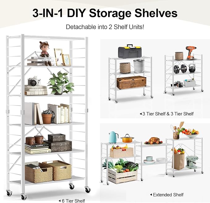 Himix 6-Tier Foldable Storage Shelves Expandable Shelf Wheels White 2-in-1 | Folding shelving units, Metal collapsible organization, Changeable into 2 shelf units, Garage, Kitchen, Holds 3600 Ibs - Image 3