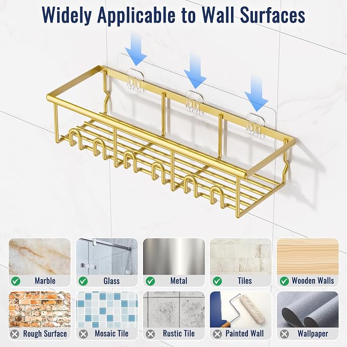 8 Pack Adhesive Large Capacity No-Drilling Shower Caddy, Gold | Rustproof Shower Shelves Rack with Soap Dishes, Toothbrush Holder & Hooks for Bathroom Organizers & Storage Accessories - Image 7