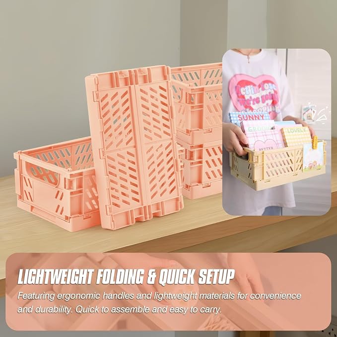 4 Pcs Collapsible Storage Crates, 10x5.9x4 inches Space-Saving Folding Containers, Stackable Plastic Boxes for Home Kitchen Office Bedroom Bathroom, Light Orange - Image 3