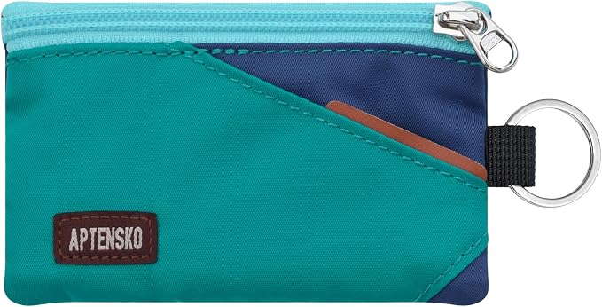 RFID Blocking Travel Wallet with Adjustable Lanyard, Small Nylon Zipper Pouch and Badge Holder for ID, Credit Cards, Cash, Keys, Commuters (Turquoise+Navy) by APTENSKO